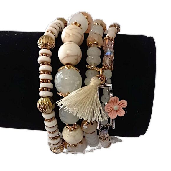 Glass Beaded Stacked Bracelet Rows Beads Floral Neutrals Y2K Boho Fairy Indie - Picture 10 of 16